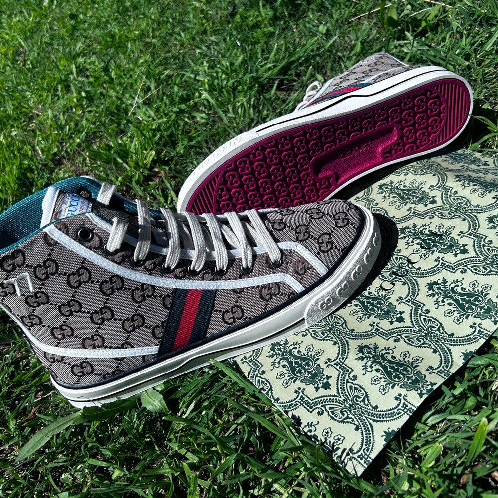 Gucci Monogram High-Tops with Red and Blue Accents